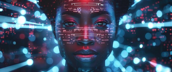 A closeup of an African American woman's face, with digital data and binary code floating around her in the background. 
