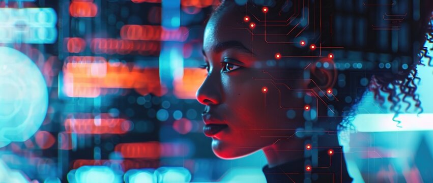 A closeup of an African American woman's face, with digital data and binary code floating around her in the background. 
