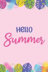 Poster with colourful tropical leaves. Hello Summer background. Vector illustration