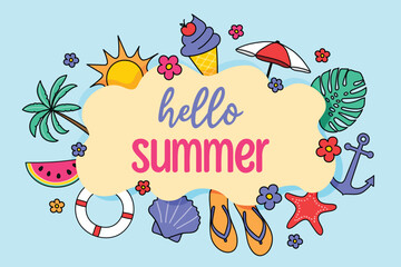 Design of a poster with beach symbols. Summer background. Vector illustration