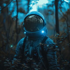 Cosmic explorer holding mini moon, night forest, glowing helmet reflection, dreamy light, magical