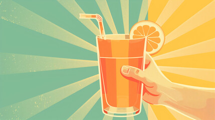 Retro advertising poster with a hand holding an orange juice with rays radiating from the drink.