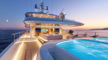 A stunning luxury yacht featuring an onboard pool, modern design, and a picturesque sunset backdrop over the sea