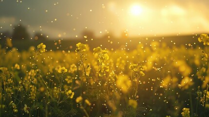 Field of blooming rapeseed flowers following a rainfall