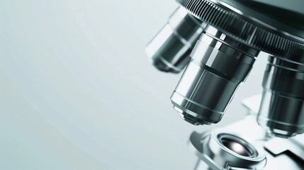 Highdefinition closeup of a sleek microscope lens on a pristine white background, leaving room for text, ideal for scientific research and laboratory presentations