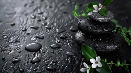 A tranquil scene featuring stacked Zen stones with water droplets on a black surface adorned with white flowers and green leaves