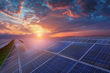 A field of solar panels at sunset.