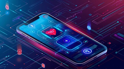 Hightech health app graphics on a clean background, with ample room for text, perfect for digital health platforms and mobile health apps