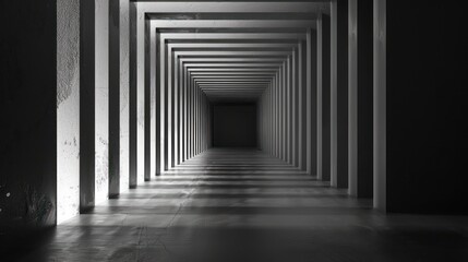 Fototapeta premium A perspective view of a dark, symmetrical corridor with receding pillars creating light and shadow patterns on the floor