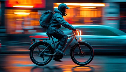 Cyclist on an electric bike rides at night with vibrant city light background and bike light