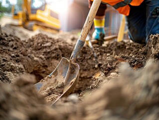Close-up of a construction worker using a shovel to dig in the soil. Suitable for construction and manual labour themes.