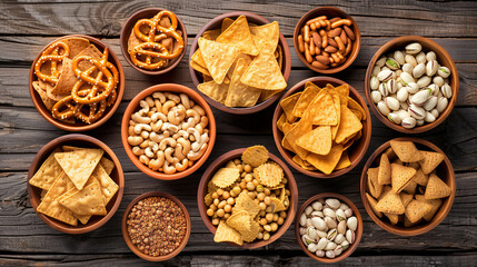 variety of snacks including tortilla chips, pretzels and nuts are arranged in bowls on a wooden background in a top view