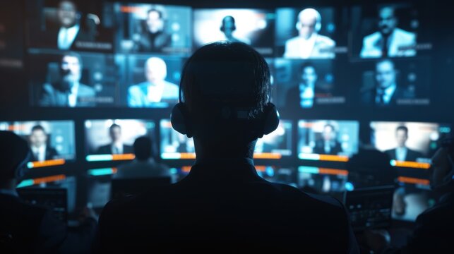 Silhouetted figure with headphones, watching a wall of video screens.  Concept for media, news, technology, or communication.