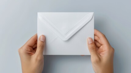 Two hands hold a white envelope against a light gray background.