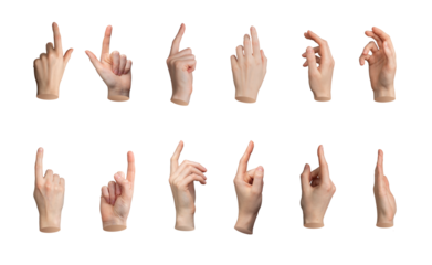 Hand gesture with finger pointing. Sign indicating, touch, tap, click. Index finger, pointer in various views, different sides. Isolated on white background. Communication and, transparent PNG cutout