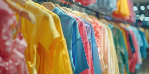 A row of vibrant shirts displayed on a clothing rack, great for fashion or retail use