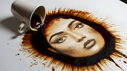 Obraz premium A remarkably intricate coffee art masterpiece on a white surface, depicting the aftermath of a spilled coffee accident from a tipped-overwhite ceramic cup. The black coffee stains have been meticulous
