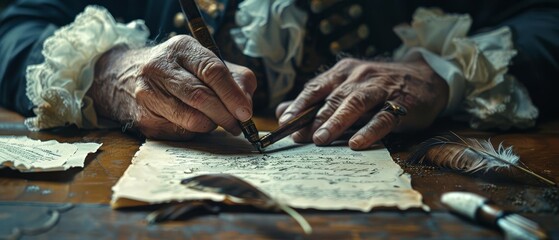 Portrait of Founding Fathers with quill pens, Declaration of Independence theme, high-resolution, dynamic lighting