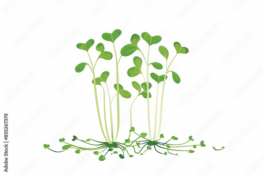Poster A cluster of green microgreens with their roots showing are displayed against a stark white background. Generative AI
