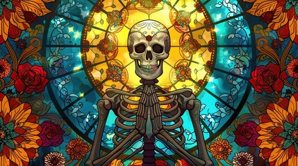 A skeleton is sitting in a stained glass window with flowers and stars