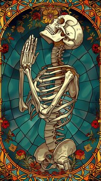 A skeleton is praying in a stained glass window