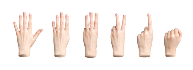 Countdown hand gesture. Finger showing from five to till one, zero. Counting numbers, isolated...