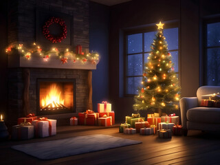 Interior Christmas. magic glowing tree, fireplace, gifts in dark design