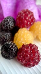 raspberries, set of berries, yellow red black raspberries macro, fruit, close up, detox, vitamins