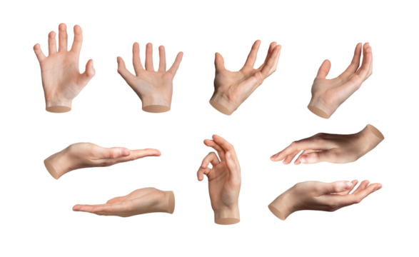 Hand gesture grabbing, fingers and palm open, spread. Reaching to catch, cupped to seize, holding, offering, presenting, showing. Closeup grasp, capture, isolated on white, transparent PNG cutout