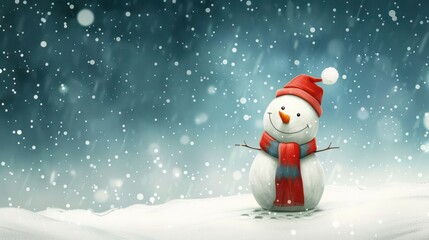 Obraz premium A charming snowman with a joyful smile, wearing a red hat and scarf amidst a snowy landscape under falling snowflakes