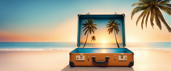 Obraz premium vacation travel time banner, open travel suitcase with an exotic destination inside with copy space area design.