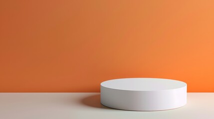 A simple and elegant white cylindrical podium set against a gradient orange backdrop, ideal for product display