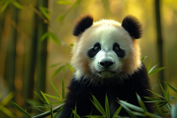 Obraz premium Close-up shot of a giant panda face with a serene expression framed by bamboo leaves