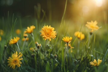 A scenic view of a field of yellow flowers with the sun setting in the background, ideal for use in travel or outdoor photography projects