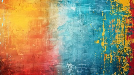 Obraz premium abstract painting featuring a vivid mix of red, blue, and yellow with splattered paint effects