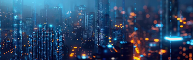 Futuristic city, skyscraper, with wavelengths, abstract color lines, night scene, bright ambience, intricate lights, smart city concept. Digital illustration, mixed media. AI generated illustration