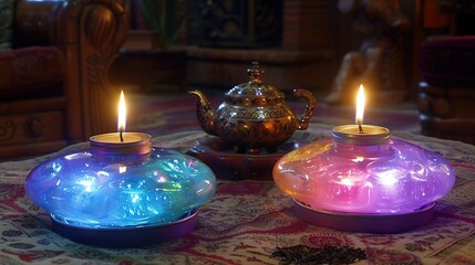   Two teapots sit atop a table beside a candled teapot
