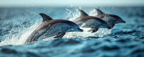 A high-resolution photograph of a pod of dolphins leaping out of the ocean, their bodies glistening in the air.