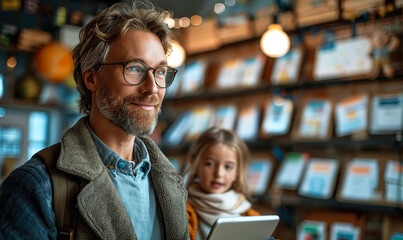 Enthusiastic Male Teacher with Glasses Using Tablet to Teach Programming and Internet Safety to Engaged Young Student in Bright Library Setting During Daytime