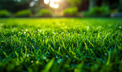 Naklejka premium Lush Green Manicured Grass Field at Sunrise with Dew Drops - Perfect Sports Lawn, Garden, Pitch Background Wallpaper Concept