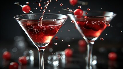  Two martini glasses with cherries and water splashes