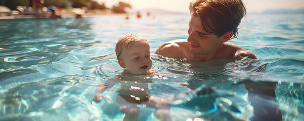 A parent teaching their child how to swim in a crystal-clear pool, offering encouragement and support.