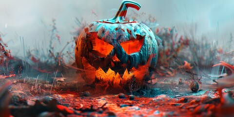 A pumpkin with a scary face is surrounded by leaves and other pumpkins. The image has a spooky and eerie mood, with the pumpkin being the main focus