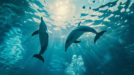 Two dolphins swimming gracefully underwater in the ocean with sunlight filtering through the waves above, creating a tranquil and mesmerizing scene.