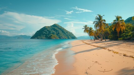 Sandy Beach With Palm Trees and Mountain