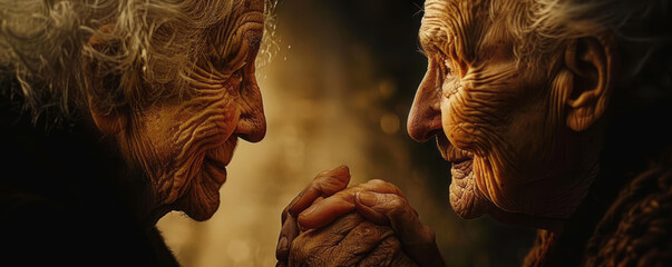 An elderly couple holding hands, their faces etched with the lines of a life well-lived.