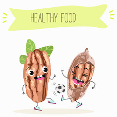 Cute pecan characters, funny nuts, with different activities, outdoor, sports, musical instrument.