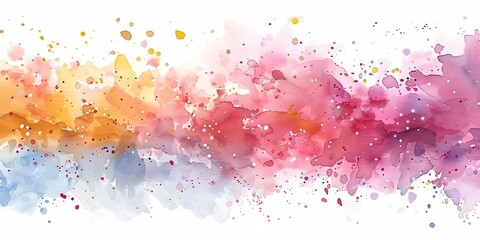 A colorful line of watercolor splatters on a white background. The splatters are of different colors and sizes, creating a sense of movement and energy. Scene is vibrant and dynamic