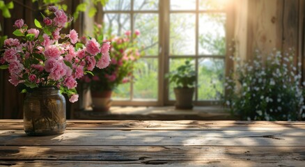 Wooden Table With Vase of Flowers