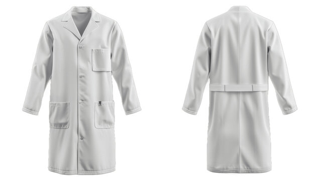 Blank white medical lab coat mockup front and side view 3d rendering Empty doctors overcoat with pocket mock up Isolated on transparent background PNG